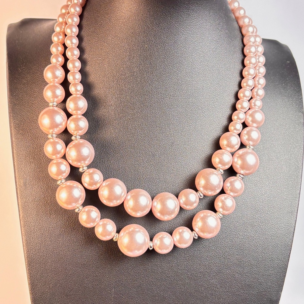 Double Strand Pearl Necklace Pink Graduated Acrylic Beads Costume Cosplay Boho